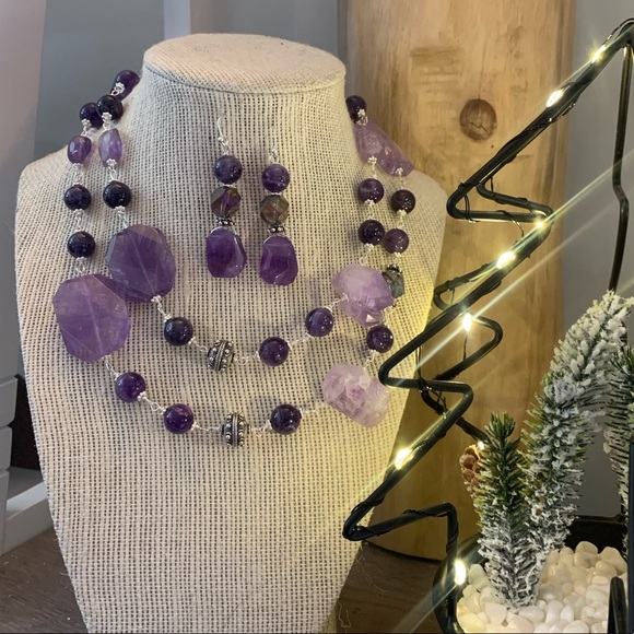 Handmade raw, faceted, link Amethyst & Swarovski crystal necklace & earrings set - Picture 2 of 6